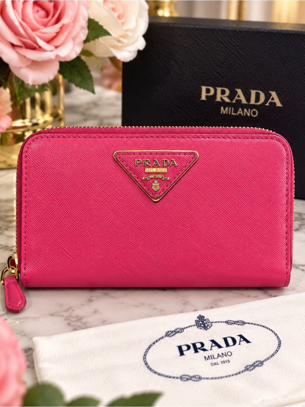 Prada Hot Pink Saffiano Zip Wallet with Gold Logo